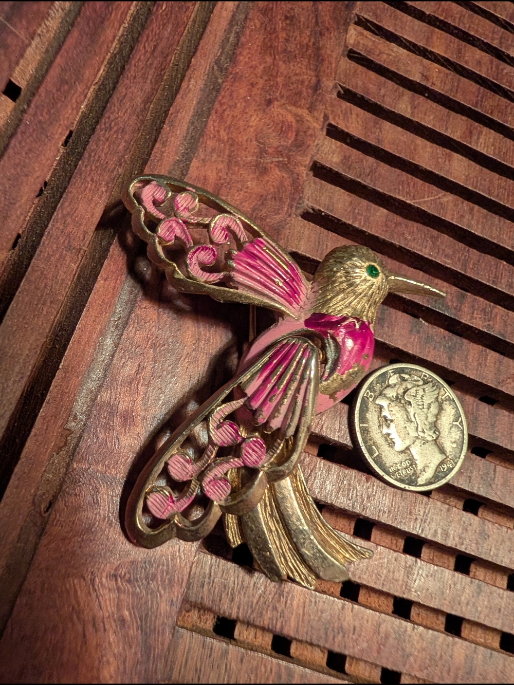 Gold-Tone Pink Enamel Hummingbird Brooch